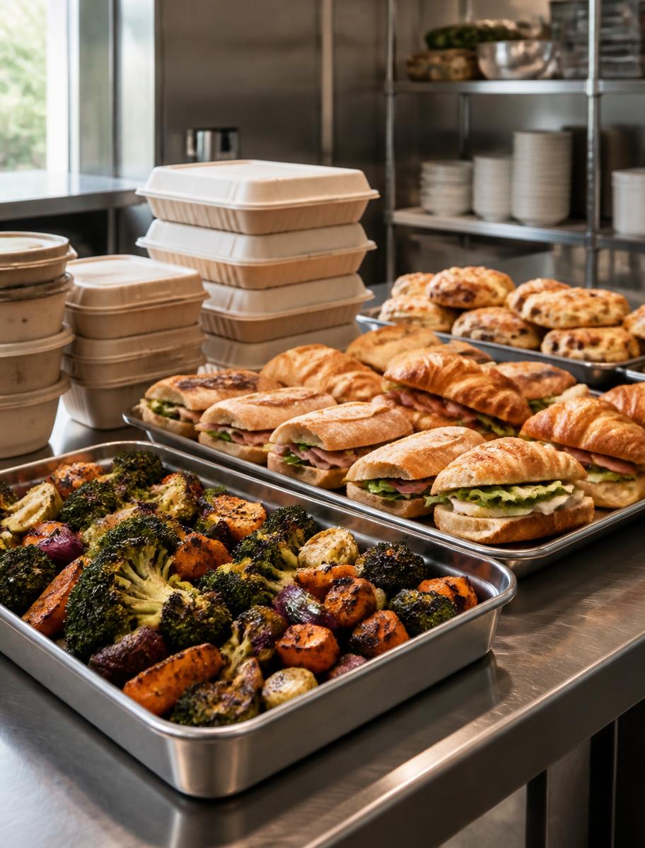 Catering trays of sandwiches and roasted vegetables packed for pickup