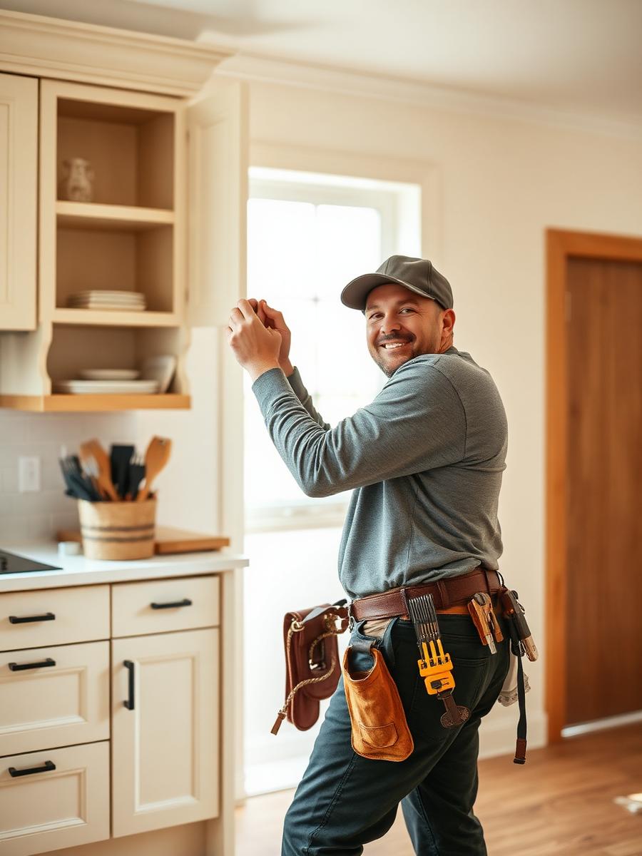 Contractor fitting kitchen cabinetry on a job site