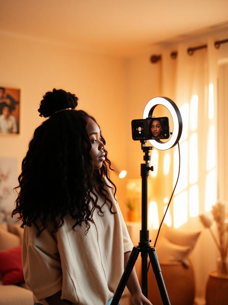 Creator filming a short video with a ring light at home