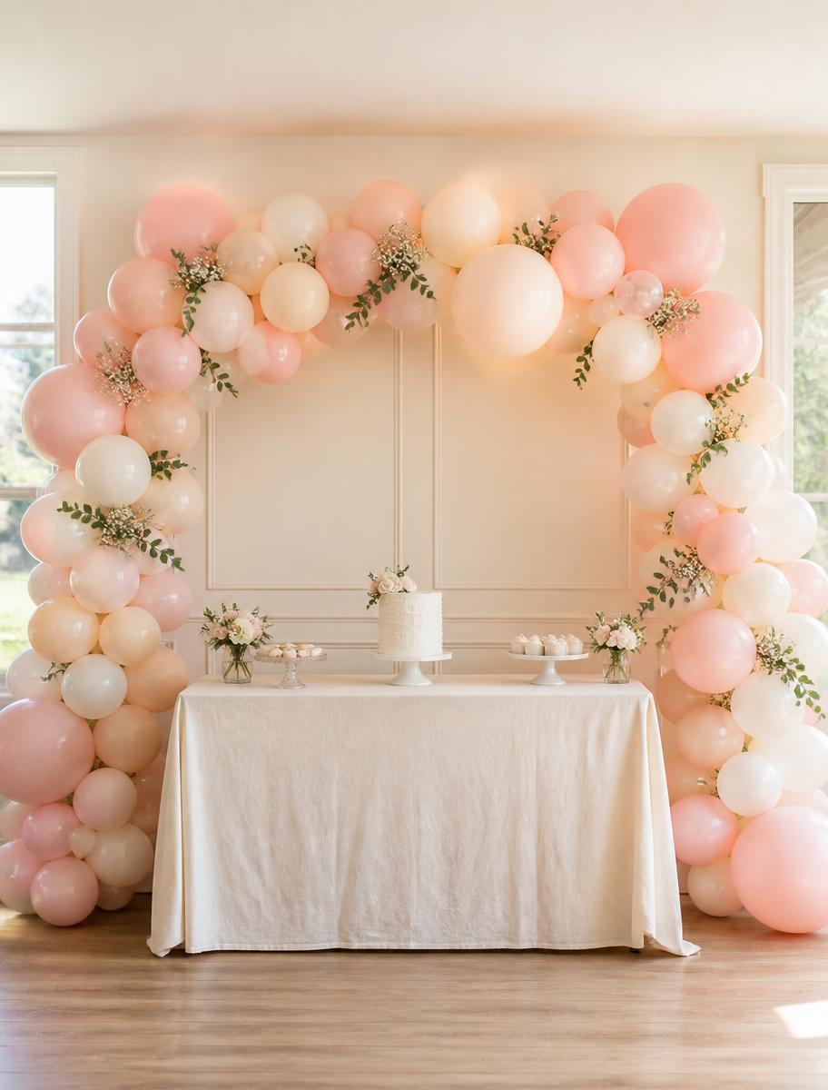 Balloon garland arch installed above a celebration dessert table