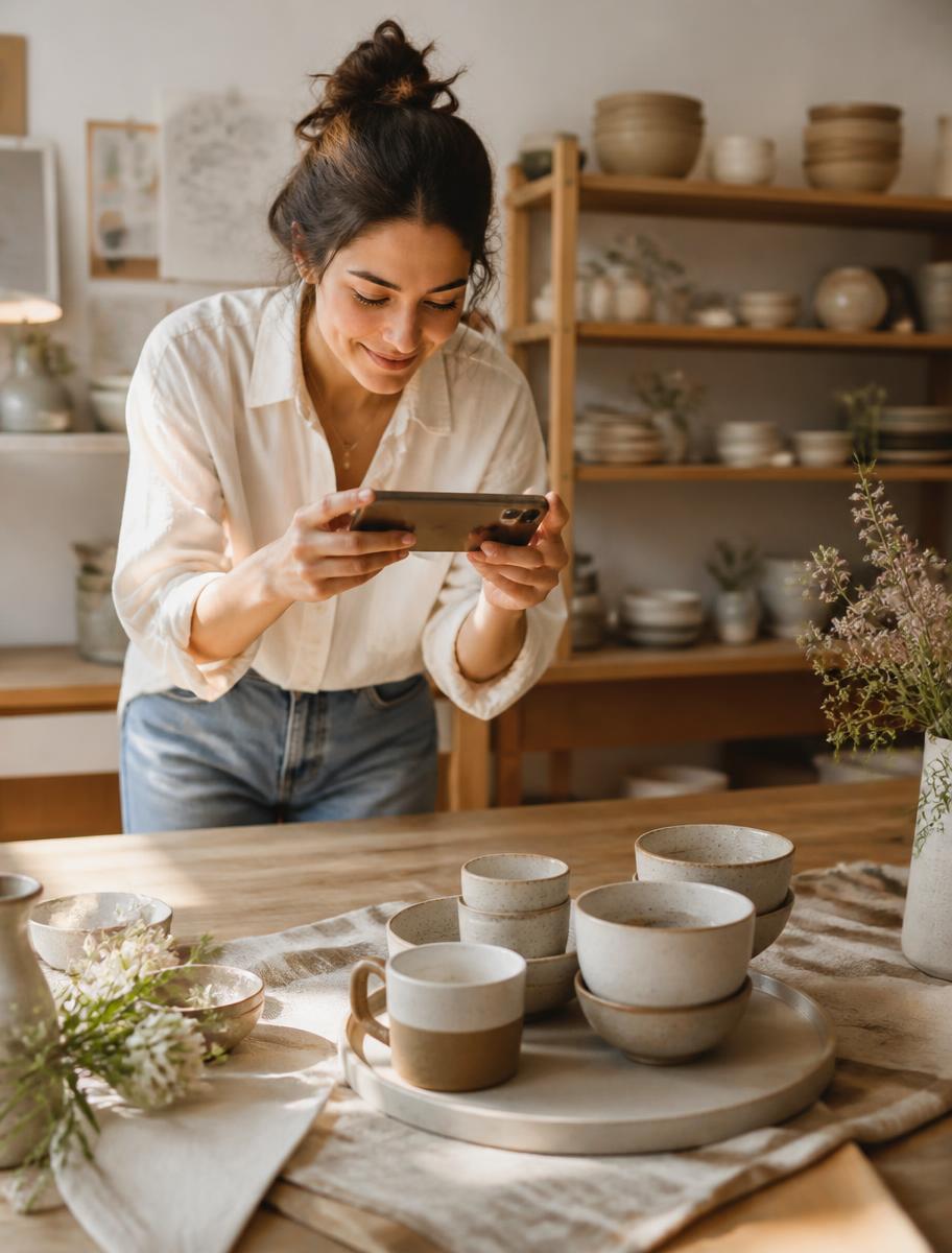 Small-batch ceramics seller photographing her finished pieces on her phone for a social post