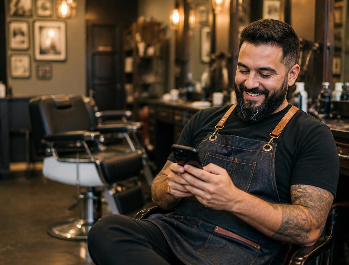 Barbershop owner smiling at his phone while reading new customer reviews and follow-up messages