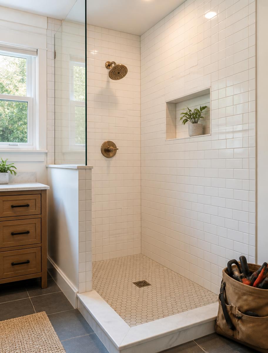 Finished white subway-tile shower installed in a renovated bathroom