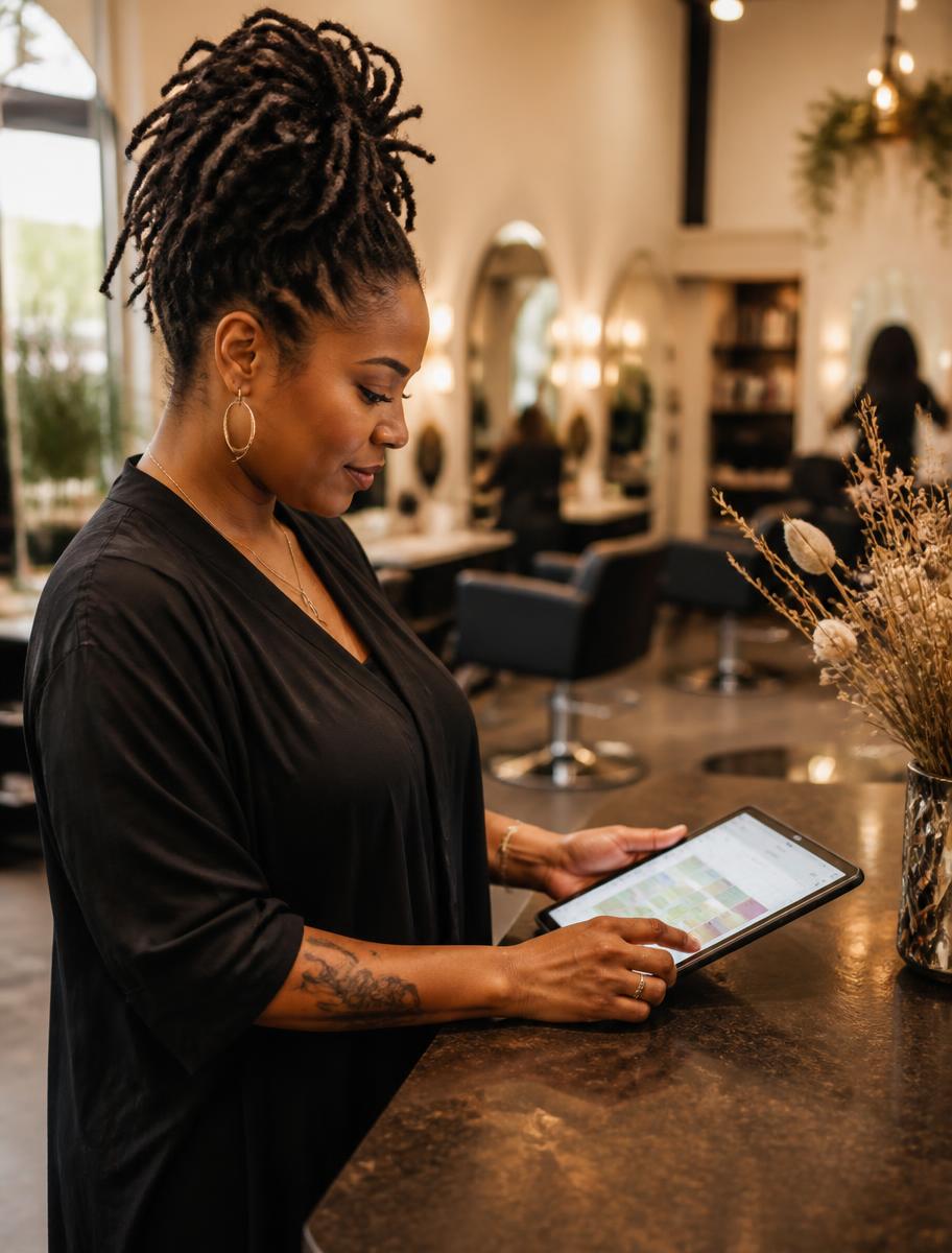Salon owner checking her appointment schedule on a tablet at the front counter