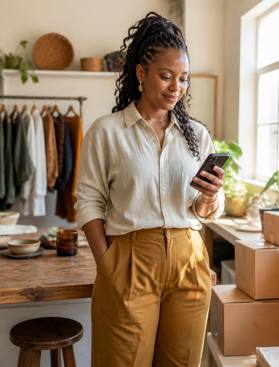 Small-business owner checking her BizInnaBox workspace on her phone in her shop