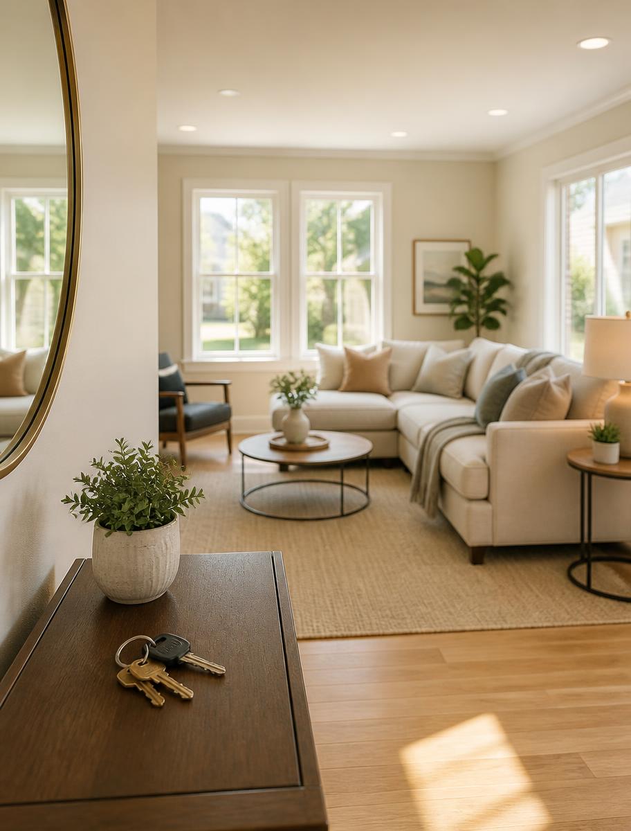 Freshly cleaned and staged rental living room with keys on the entry table
